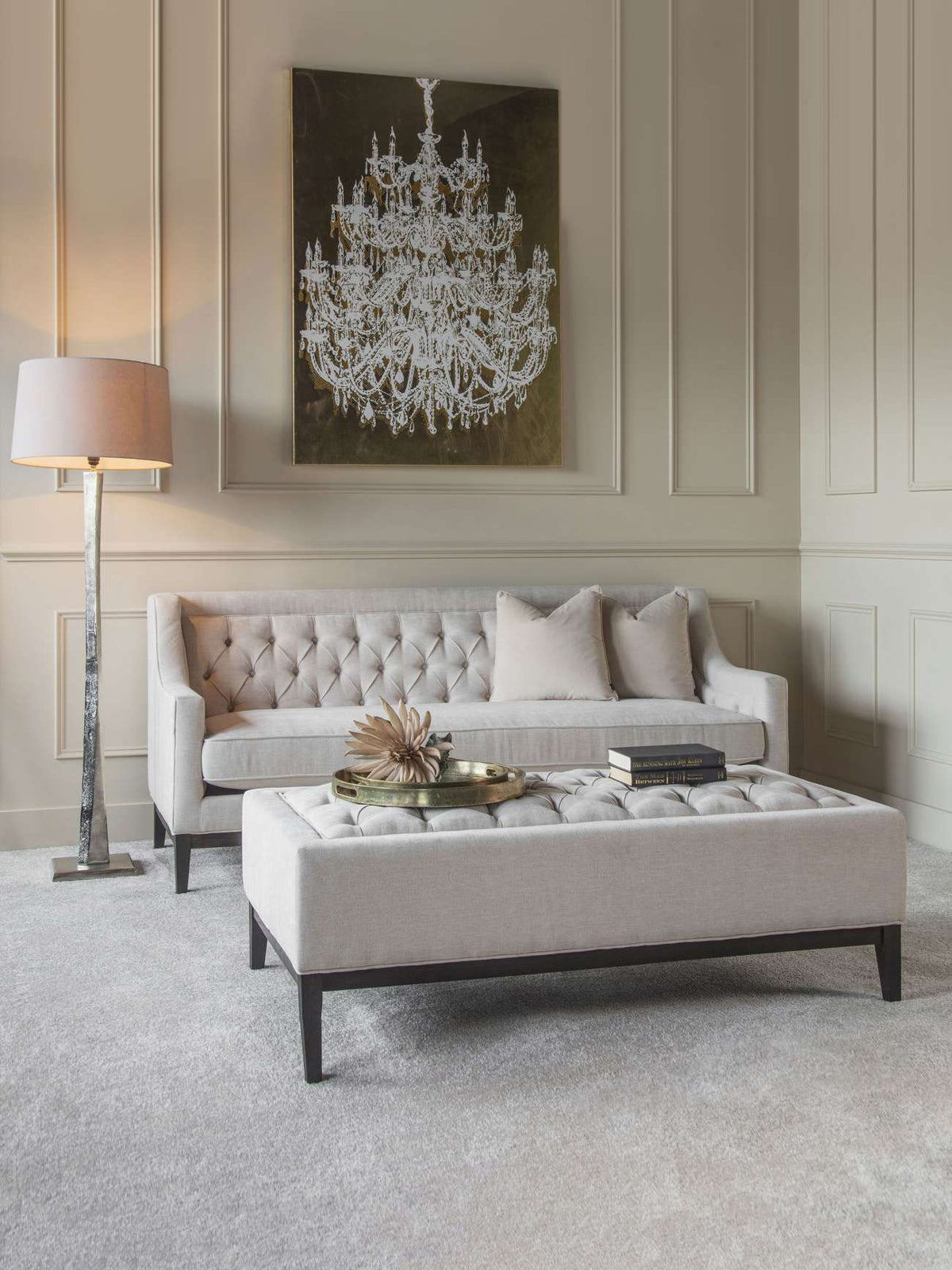 Carlisle Buttoned XL Ottoman in Ivory Fabric 140x75x46cm