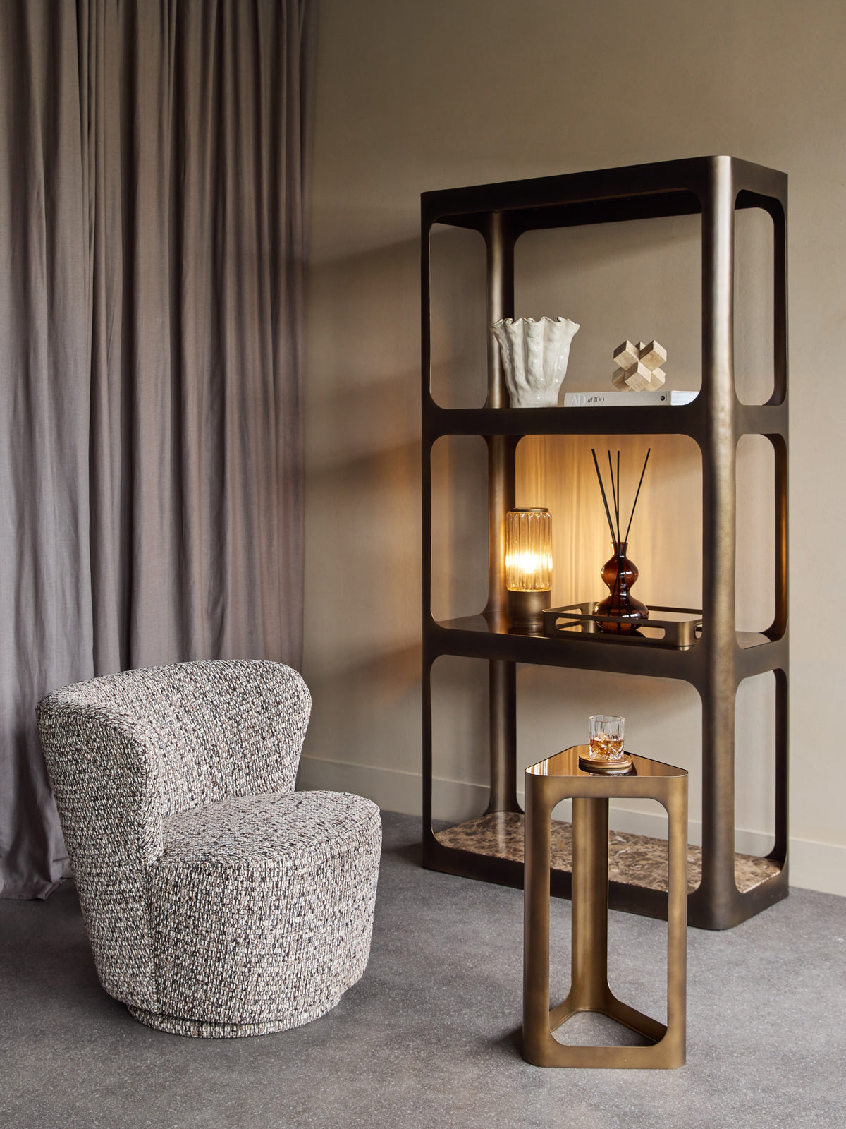Eden Smoked Bronze Metal and Glass Shelving Unit featuring Marble