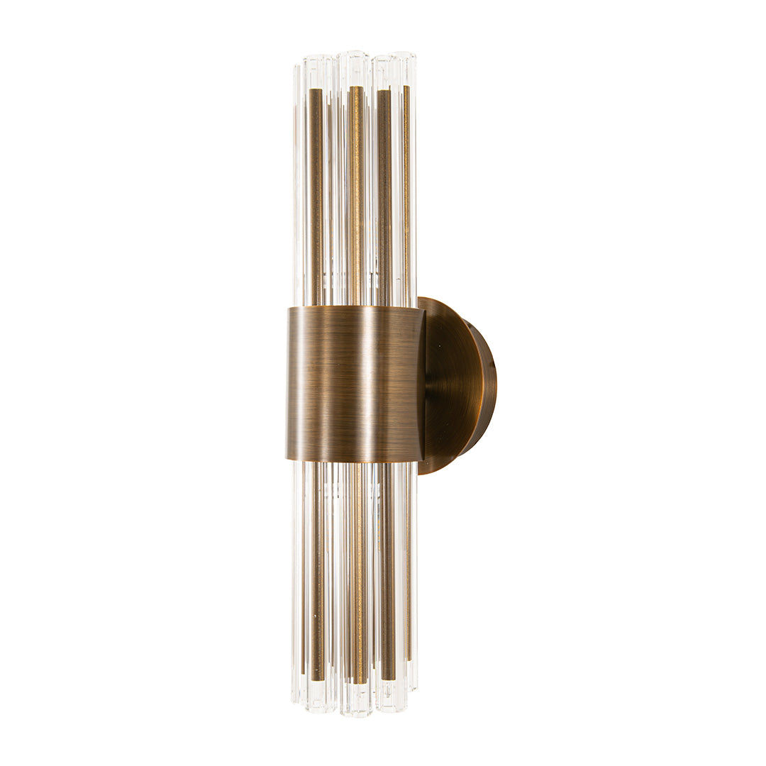 Fluted glass IP44 bathroom wall light in antique brass