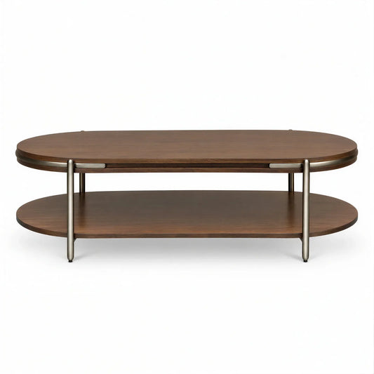 Oval Walnut Coffee Table with Lower Shelf