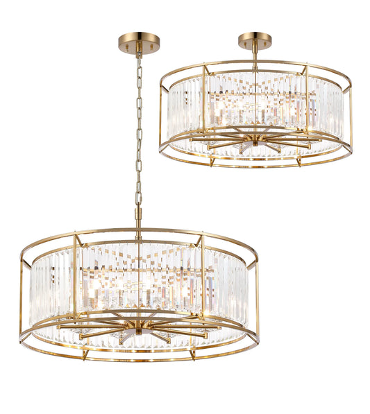 Marylebone IP44 crystal drum light in gold with clear crystal rods