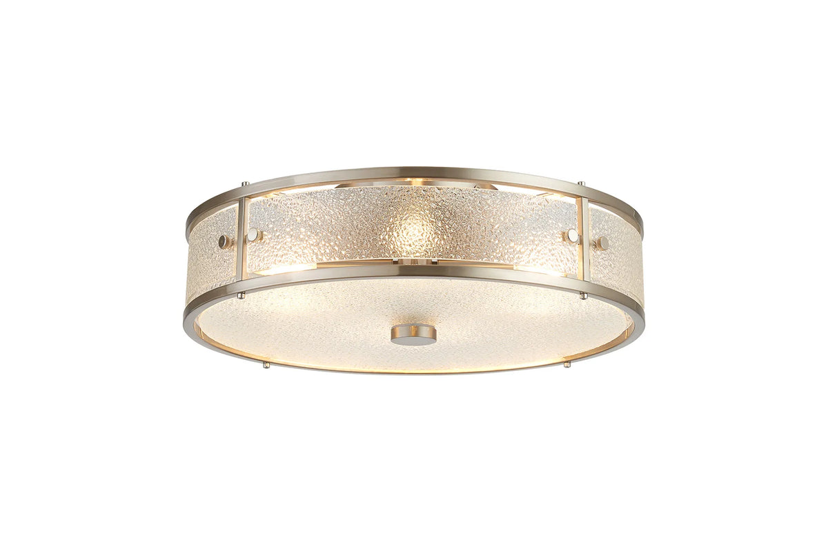 Hampstead round bathroom ceiling light in satin nickel with clear diamond pattern glass