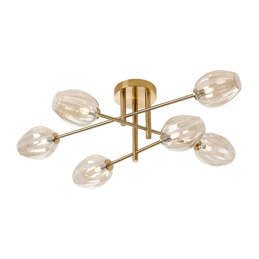 Belsize 6 light IP44 bathroom semi flush ceiling light in brass gold with cognac tulip glass