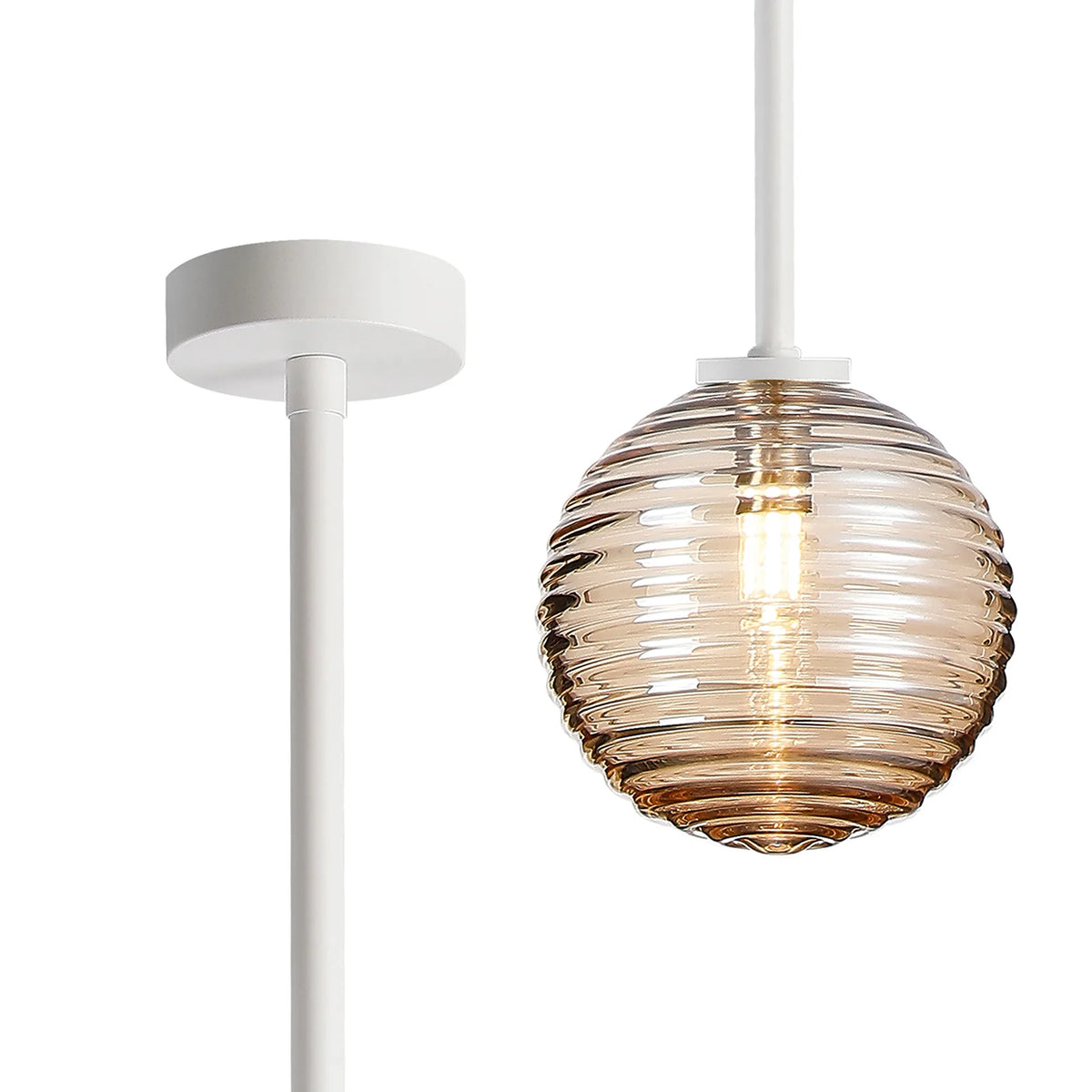 Belsize IP44 bathroom pendant in white with amber ribbed glass