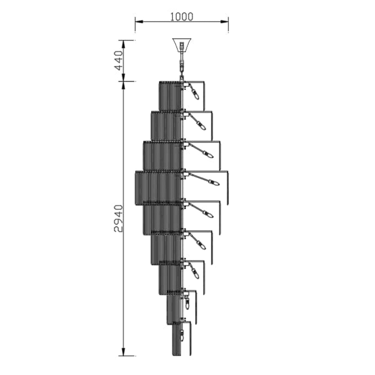 Luxury bespoke tiered crystal chandelier dimensions drawing, 1m wide x 2.94m