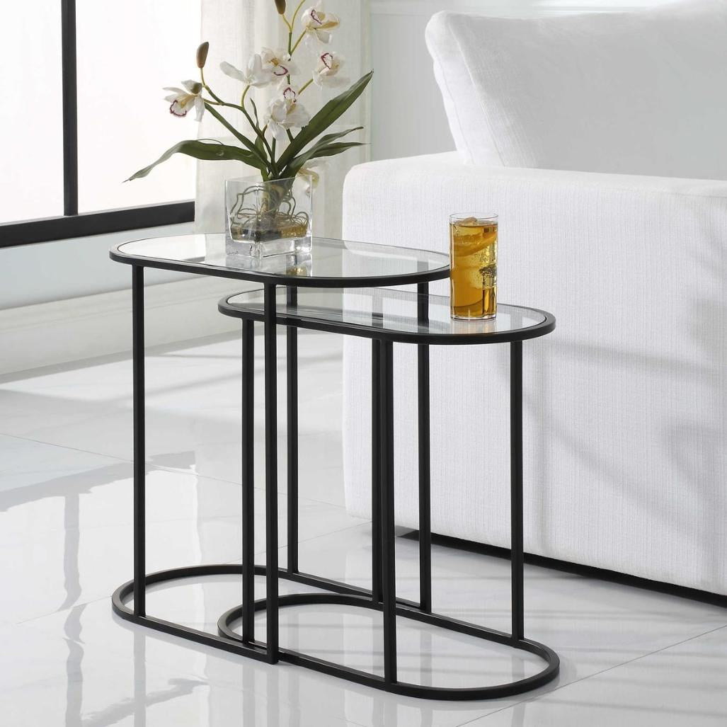 Volterra Slide Nesting Side Tables Black & Glass