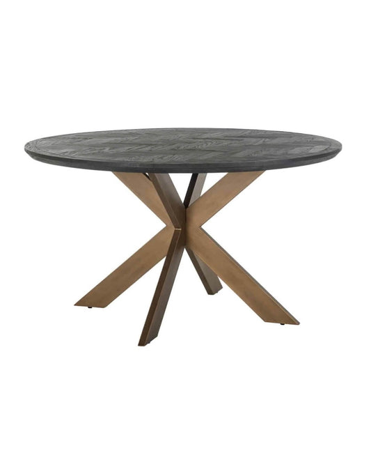 Round Black Herringbone Brass Dining Table