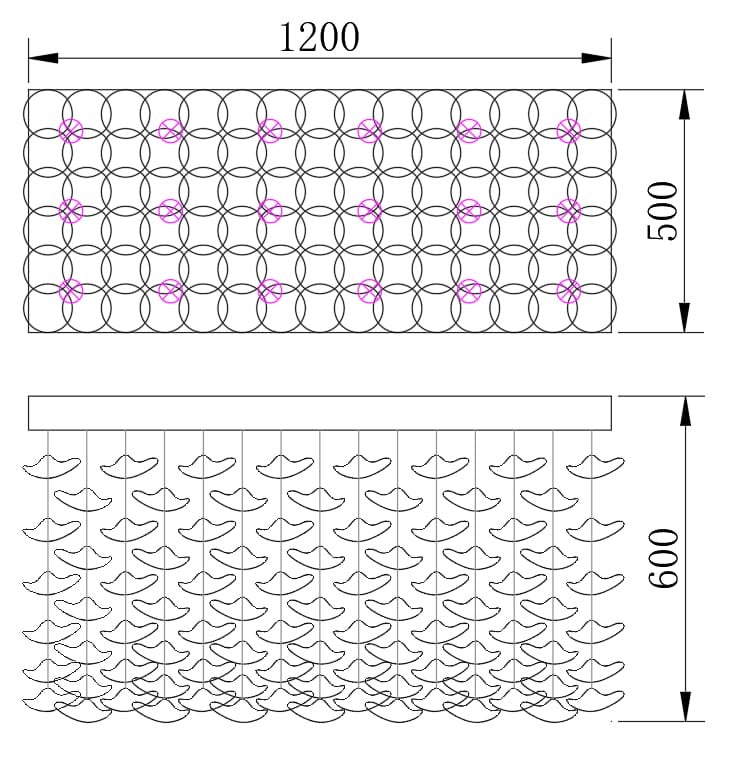 Falling Leaves rectangular chandelier dimensions drawing, 120cm x 50cm x 60cm drop