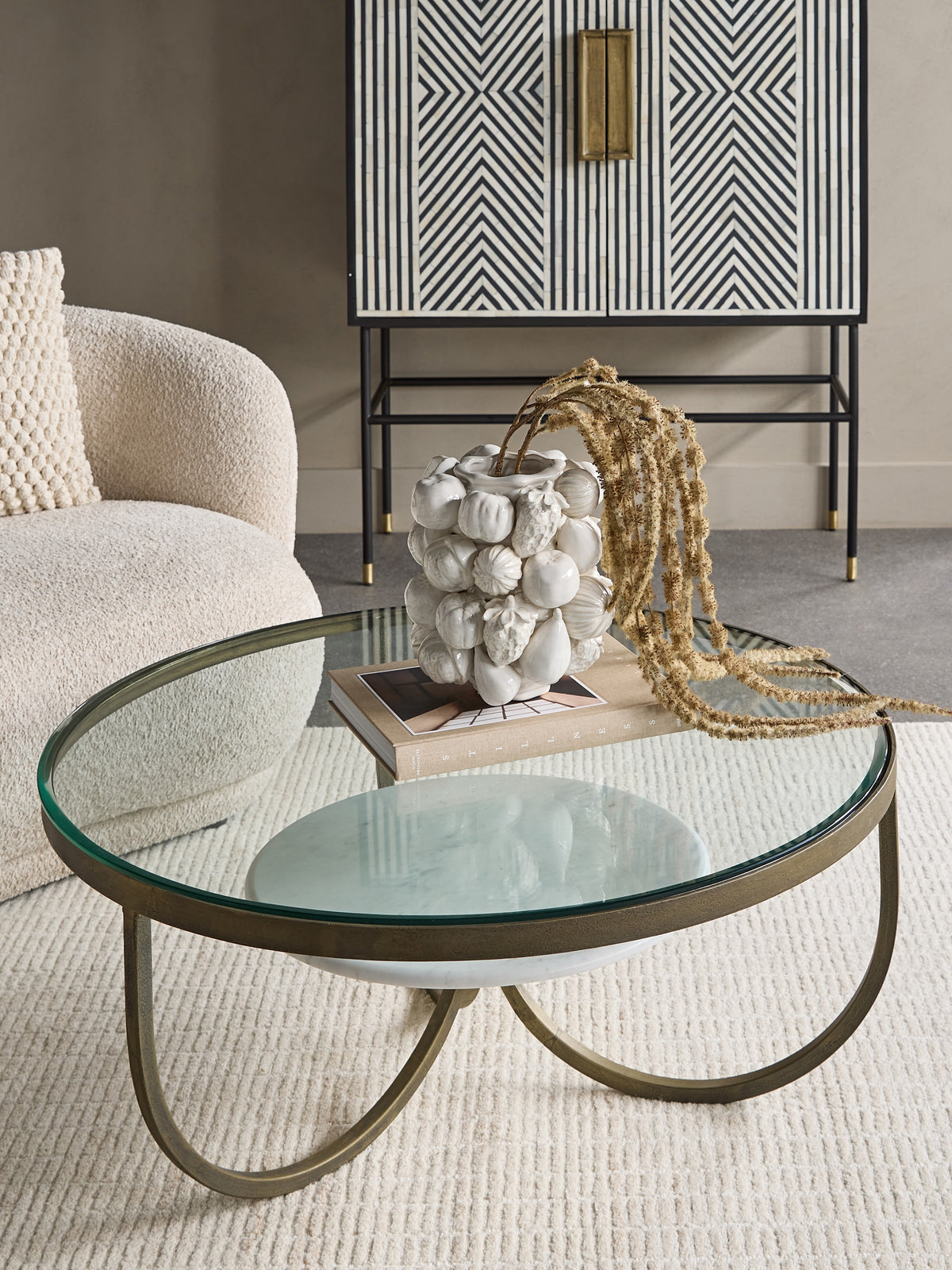 Winslow White Marble And Antique Gold Iron Coffee Table