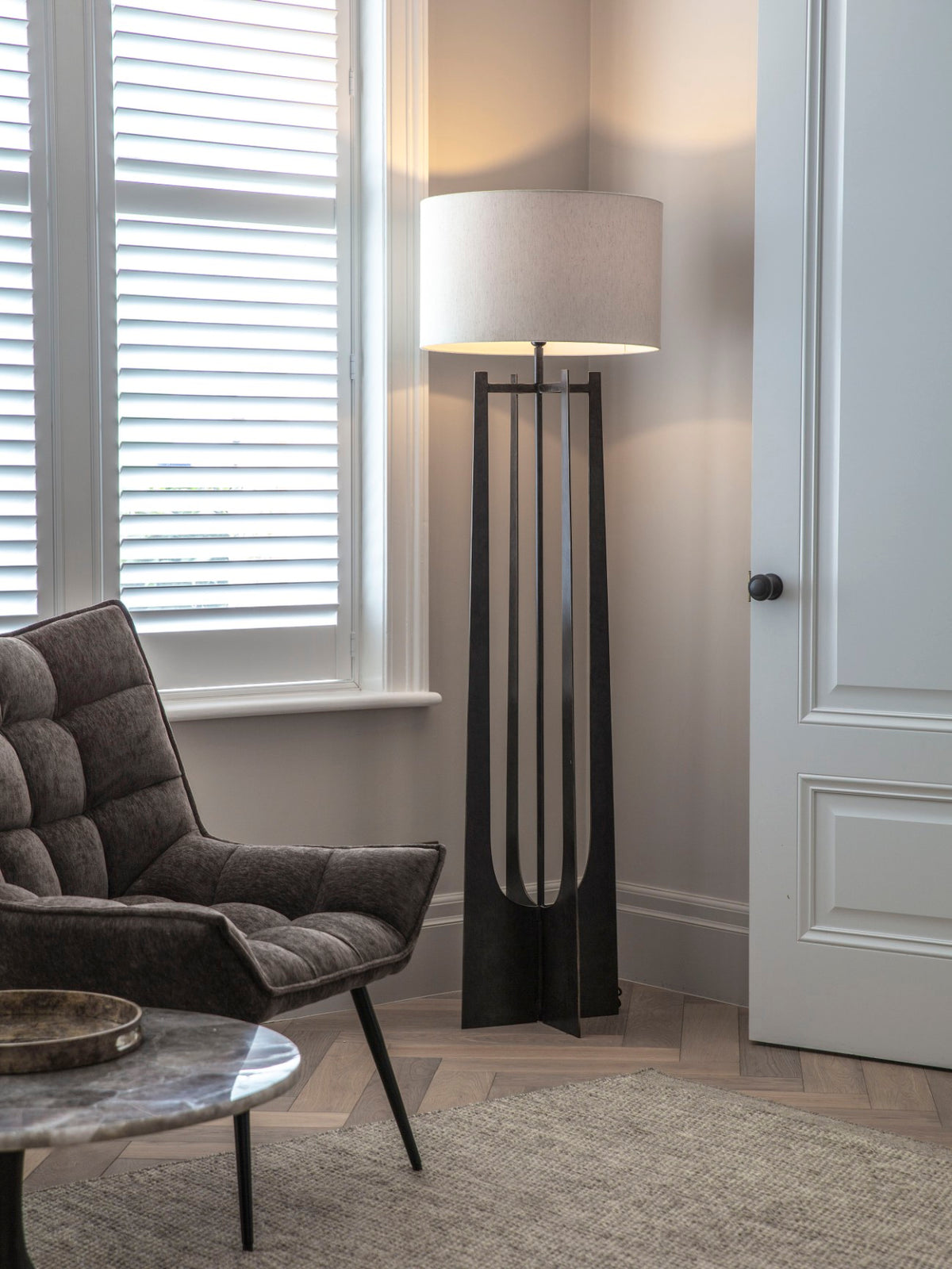 Mayhew Hammered Iron Floor Lamp Gilded Oak Finish with Irish Linen Shade