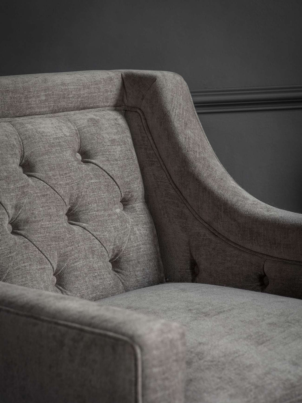 Carlisle Buttoned Armchair in Warm Grey Fabric