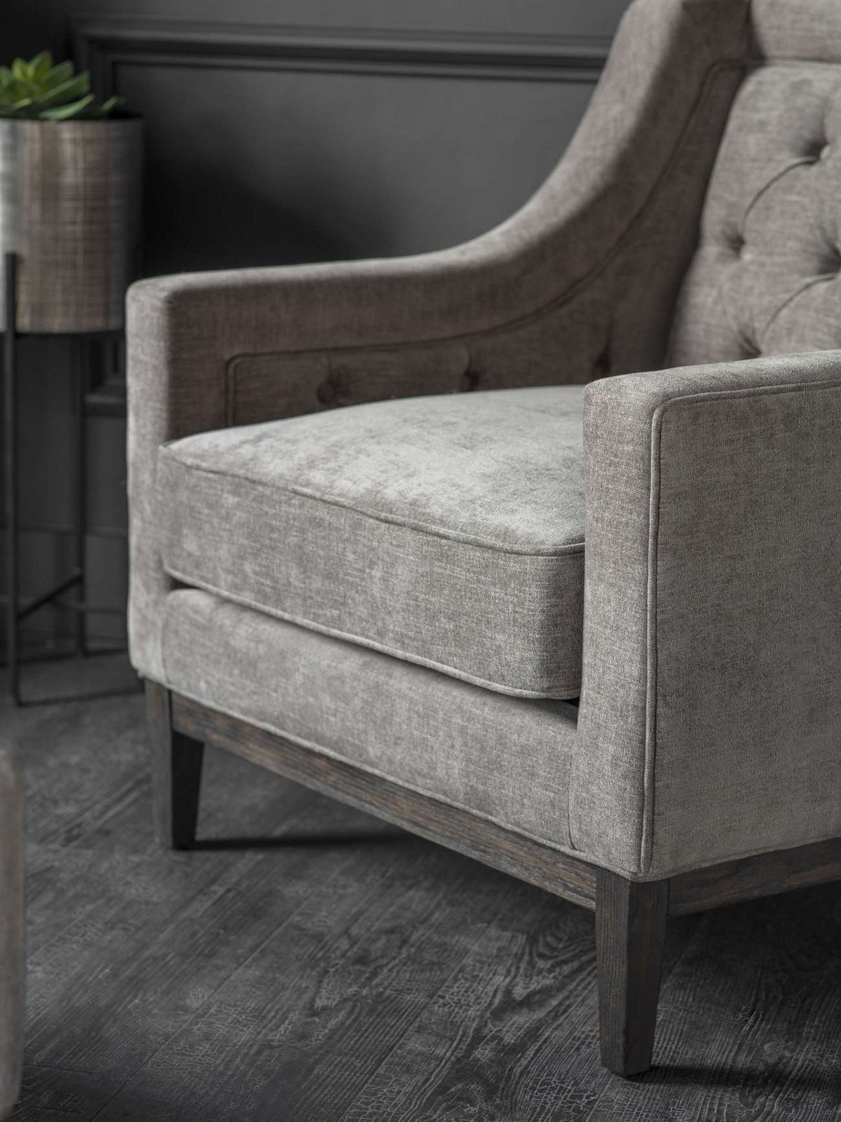Carlisle Buttoned Armchair in Warm Grey Fabric