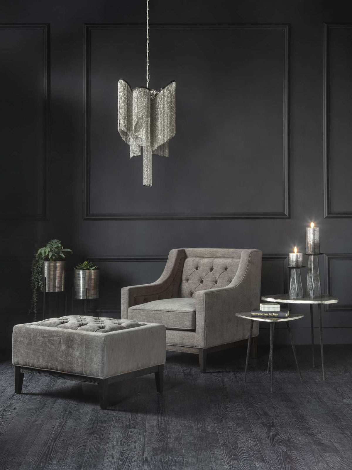 Carlisle Buttoned Armchair in Warm Grey Fabric