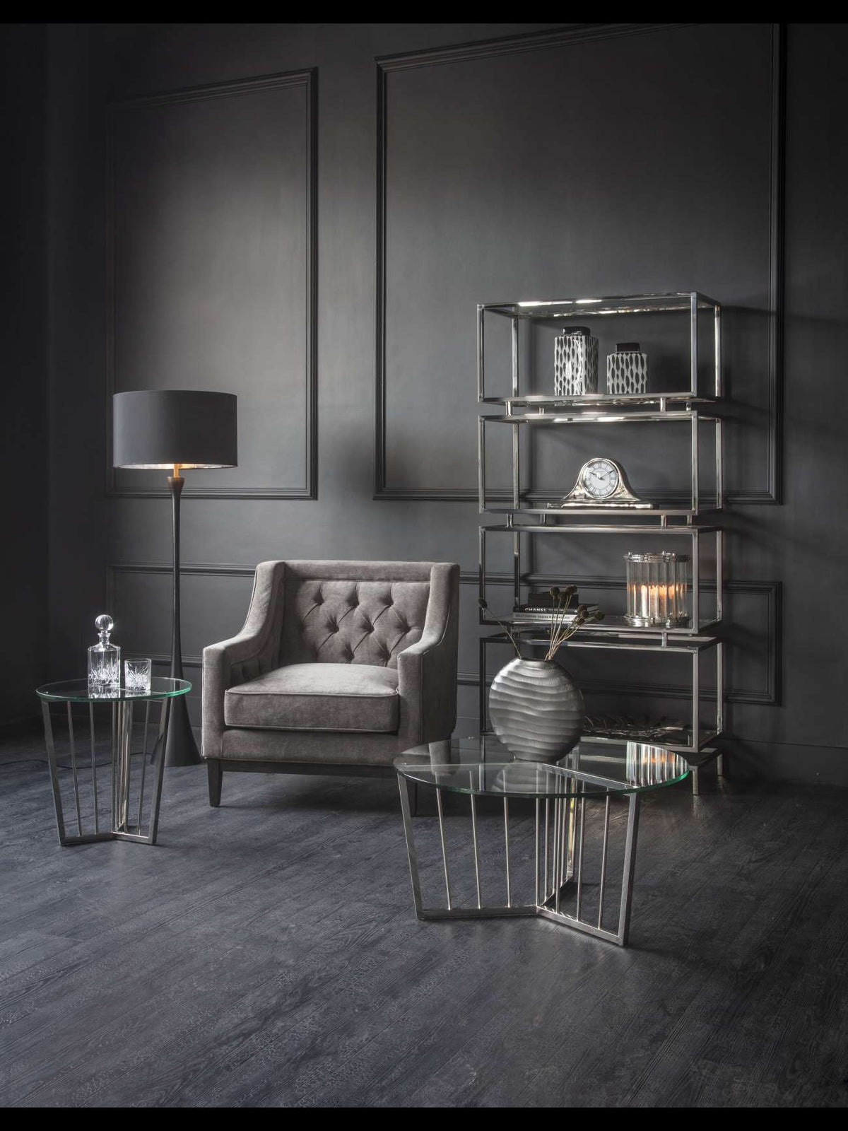 Carlisle Buttoned Armchair in Warm Grey Fabric