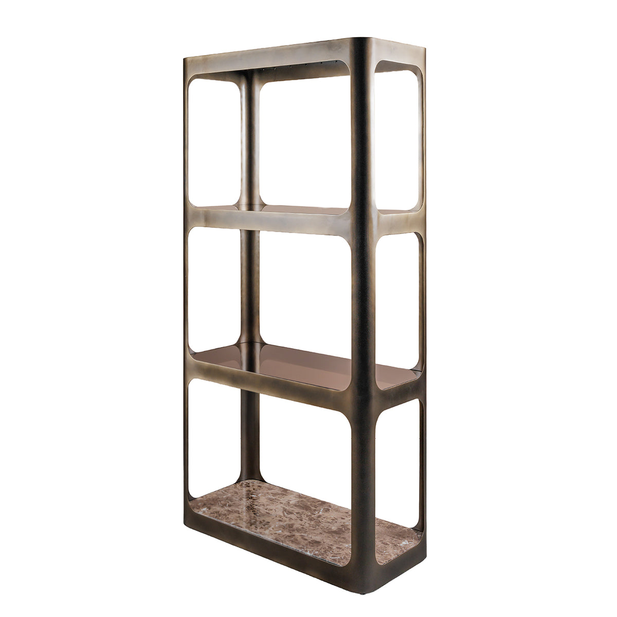 Eden Smoked Bronze Metal and Glass Shelving Unit featuring Marble