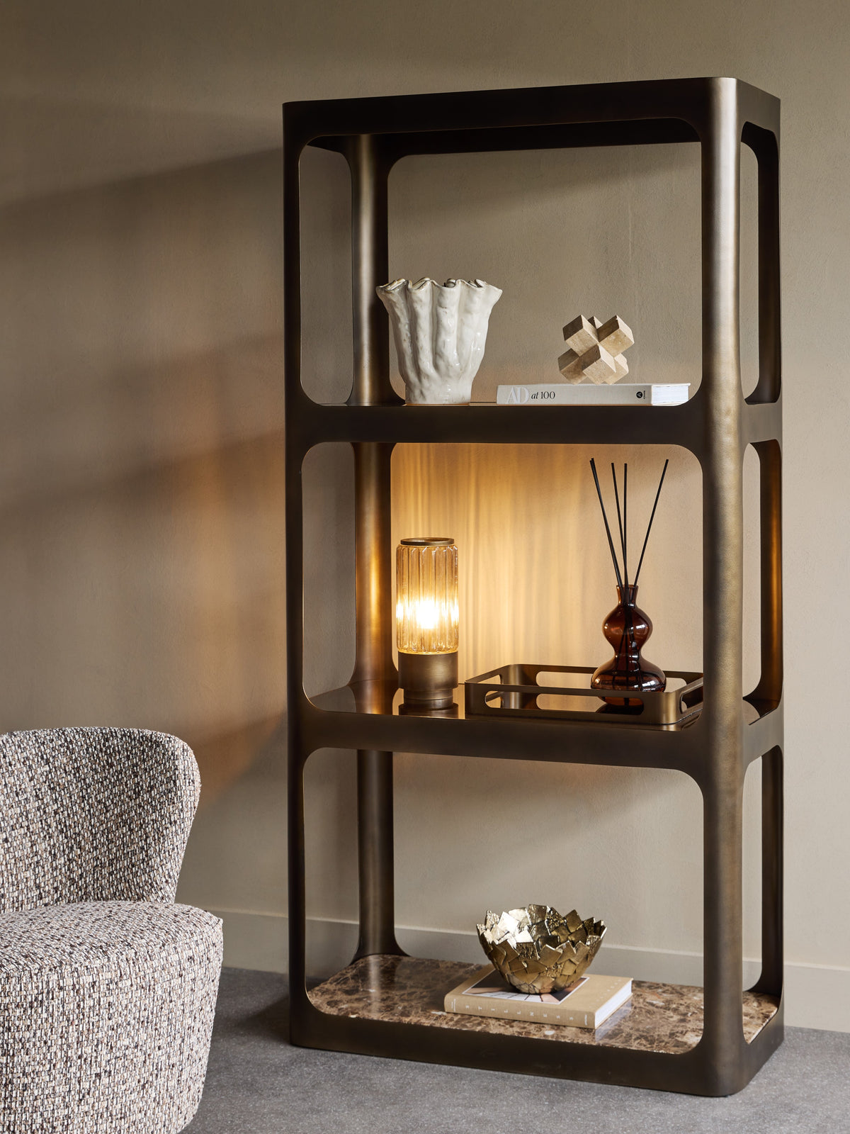 Eden Smoked Bronze Metal and Glass Shelving Unit featuring Marble