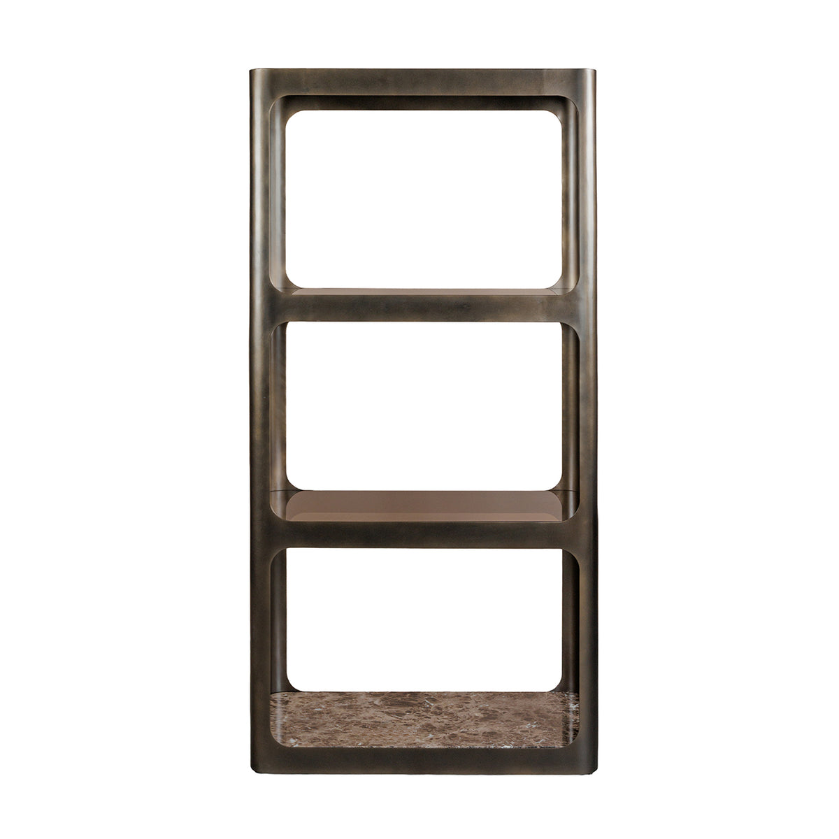 Eden Smoked Bronze Metal and Glass Shelving Unit featuring Marble