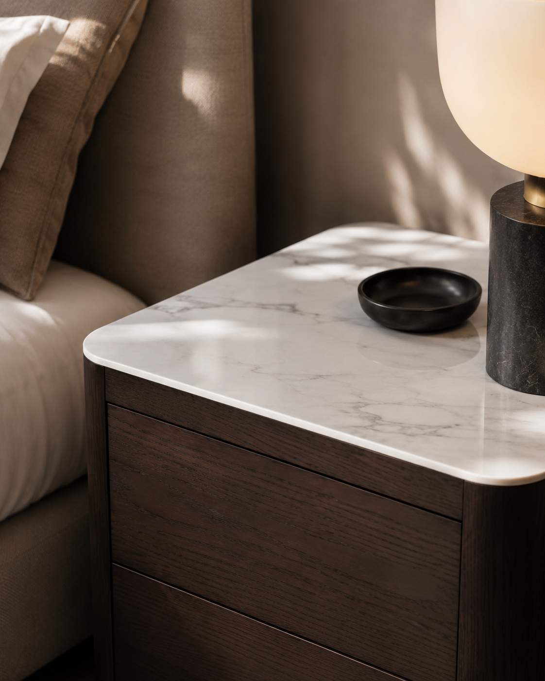 Coin Bedside Table - Smoke Oak & Marble