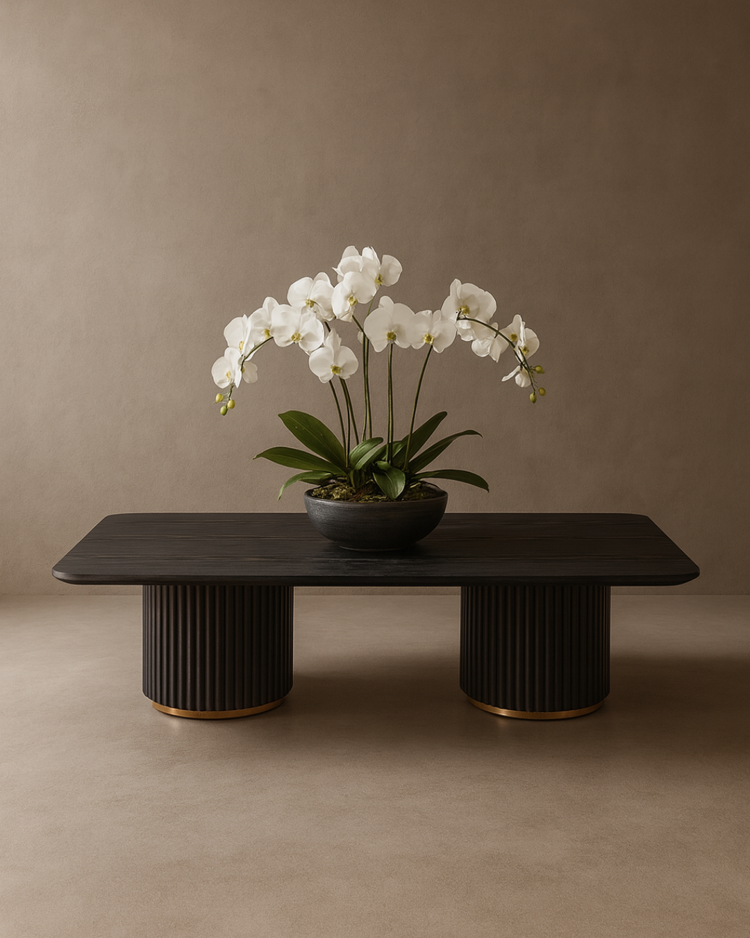 Lantine Coffee Table - Double Pedestal - Black Oak & Brass