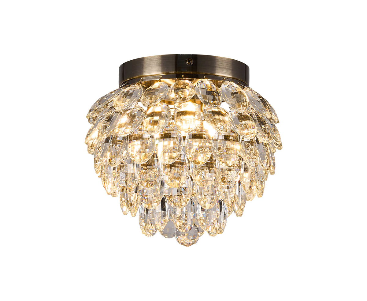 Orlune 25cm IP44 crystal flush ceiling light in antique brass