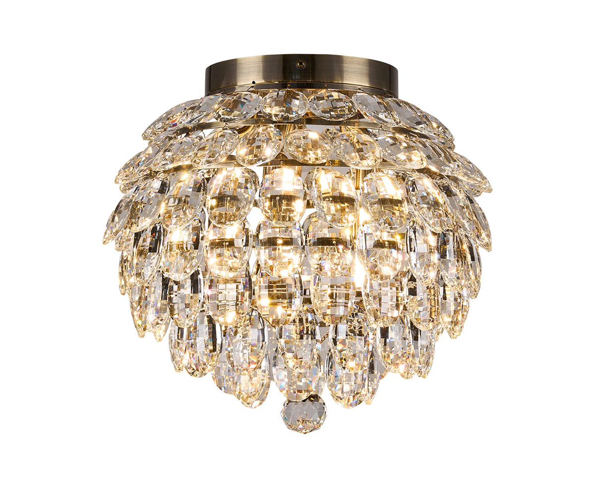 Orlune IP44 crystal flush bathroom ceiling light in antique brass
