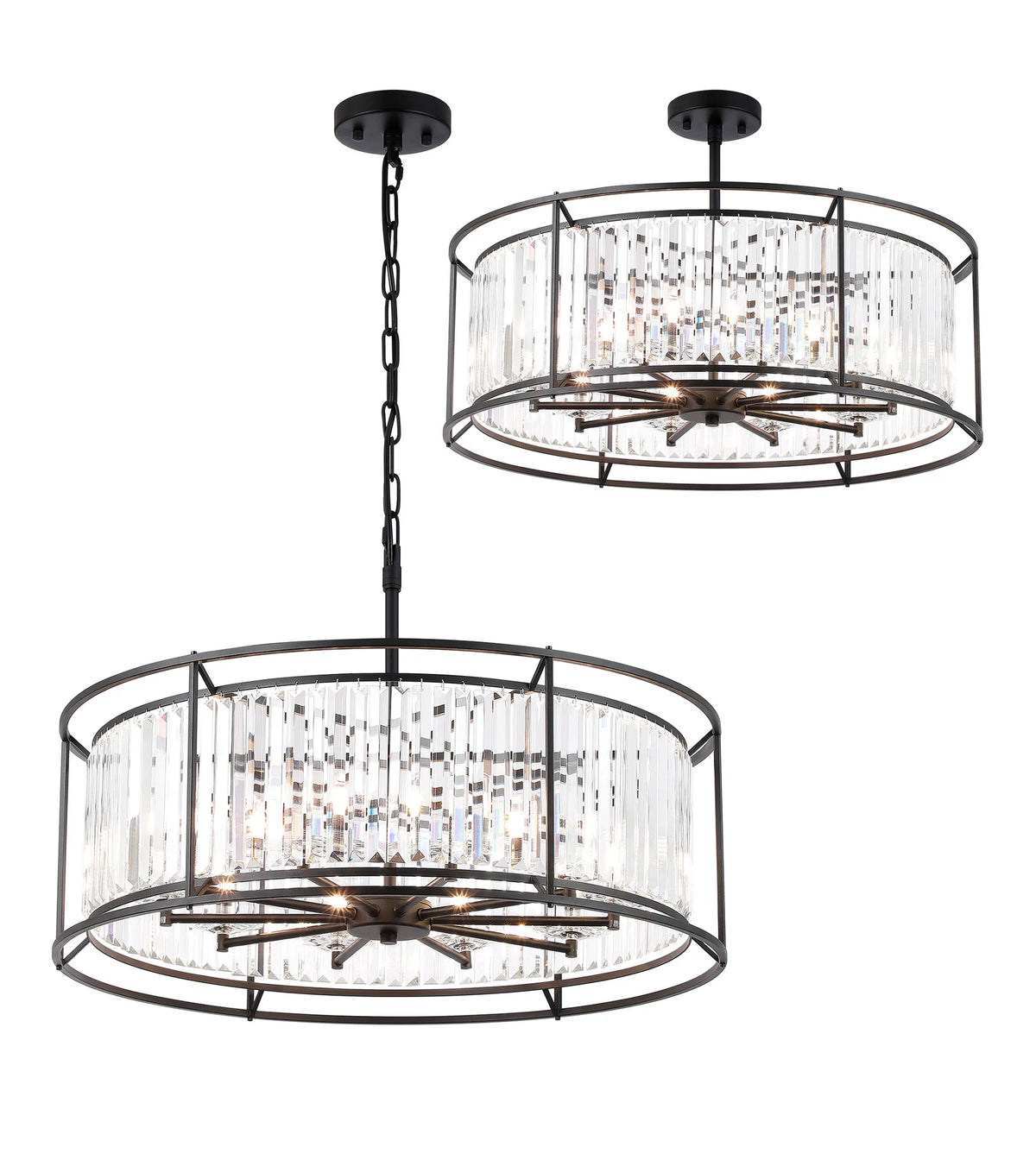 Marylebone IP44 crystal drum light in satin black with clear crystal rods