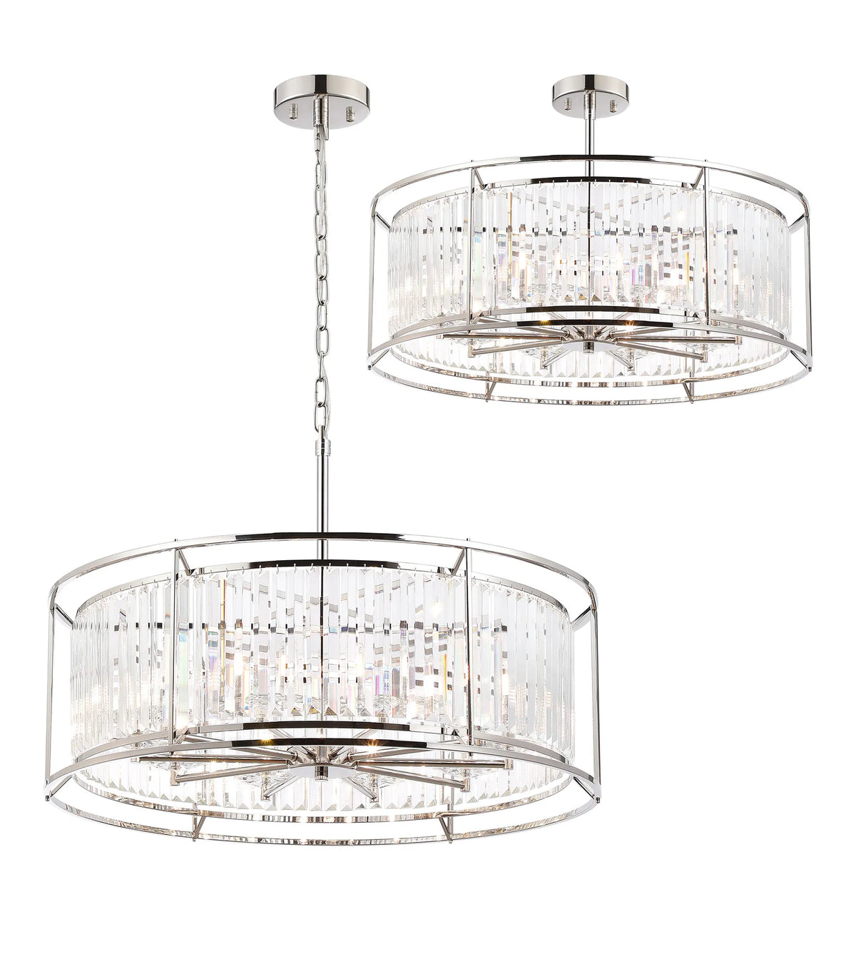 Marylebone IP44 crystal drum light in polished nickel with clear crystal rods