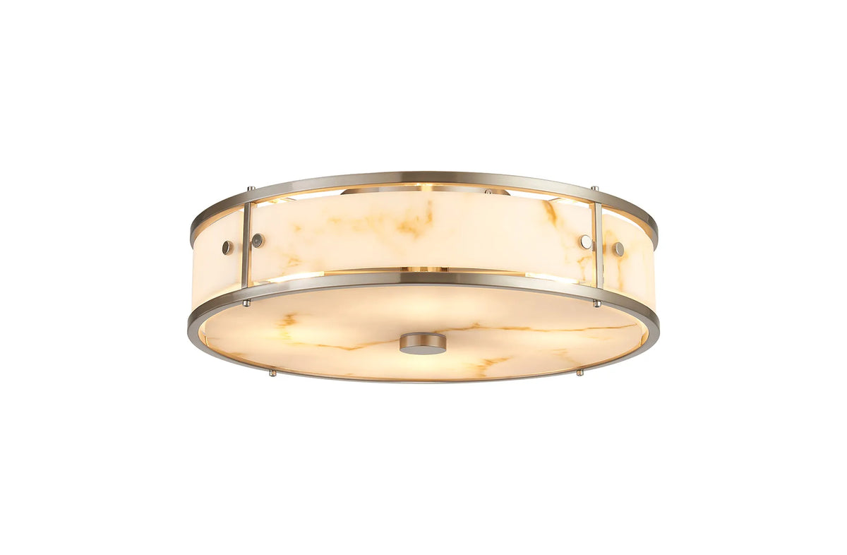 Hampstead round bathroom ceiling light in satin nickel with brown alabaster effect glass