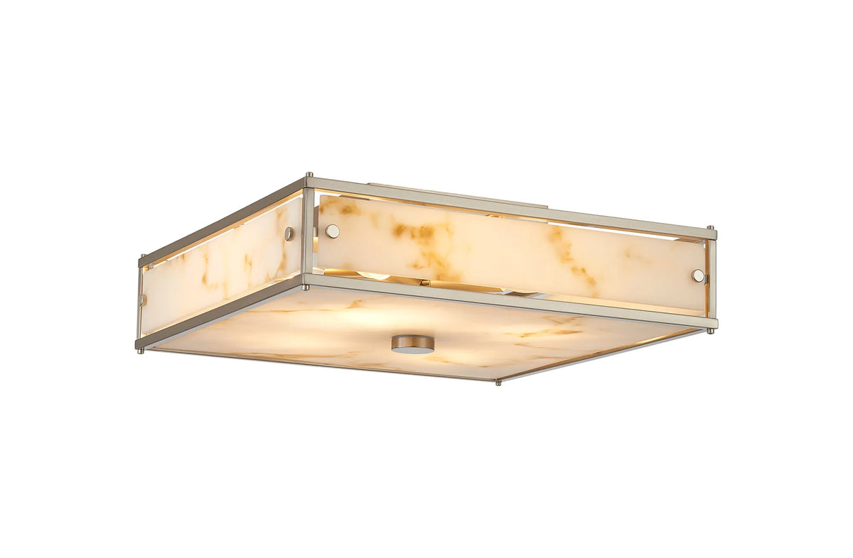 Hampstead square bathroom ceiling light in satin nickel with brown alabaster effect glass