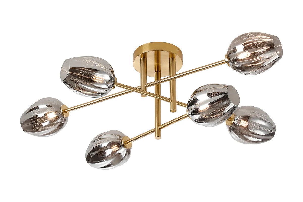 Belsize 6 light IP44 bathroom ceiling light in brass gold with smoke glass