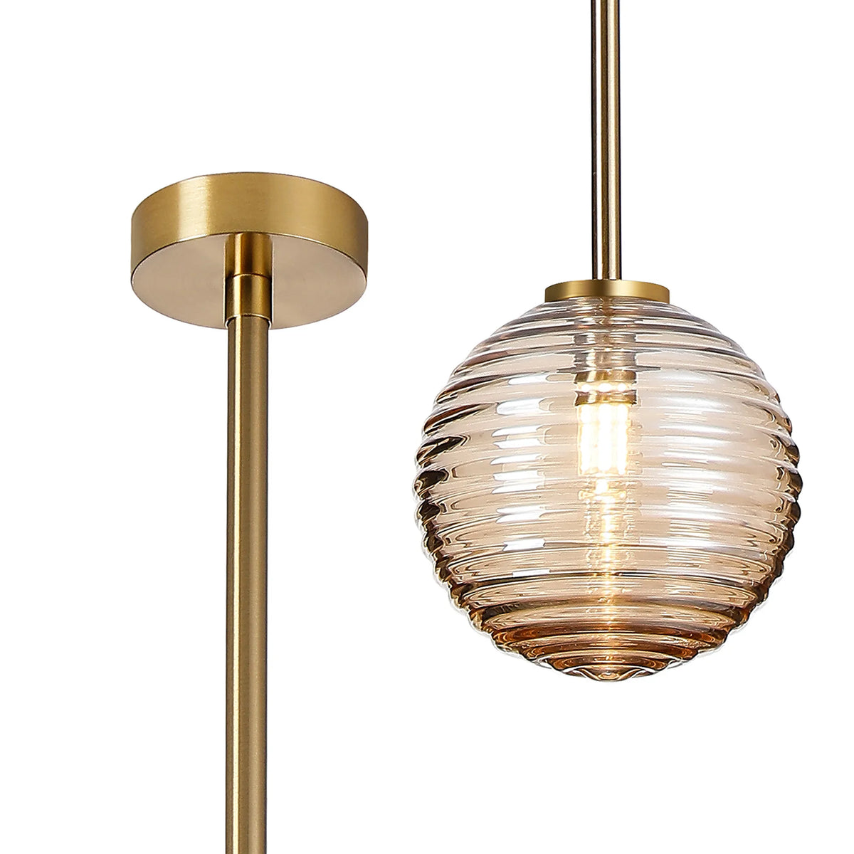 Belsize IP44 bathroom pendant in brass gold with amber ribbed glass