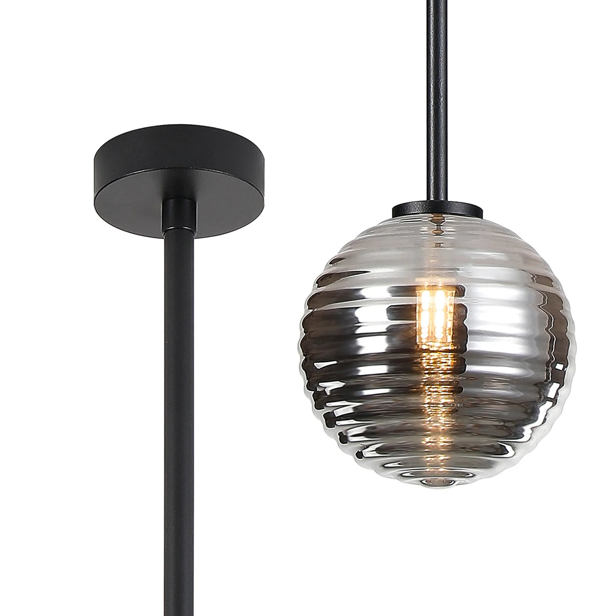 Belsize IP44 bathroom pendant in black with smoke ribbed glass