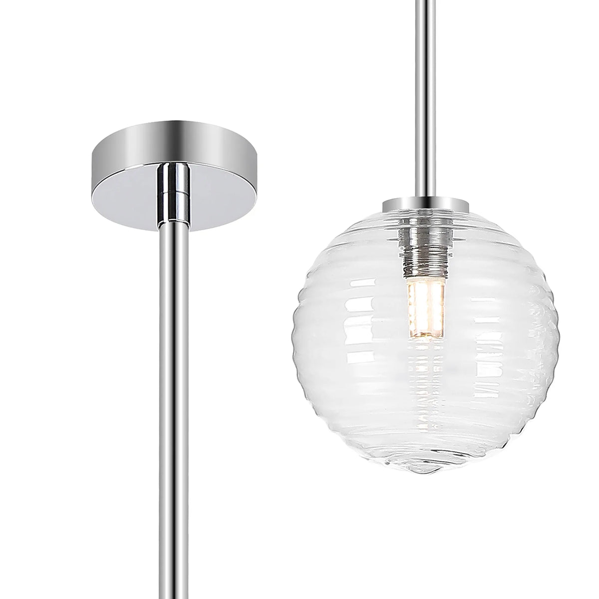Belsize IP44 bathroom pendant in chrome with clear ribbed glass