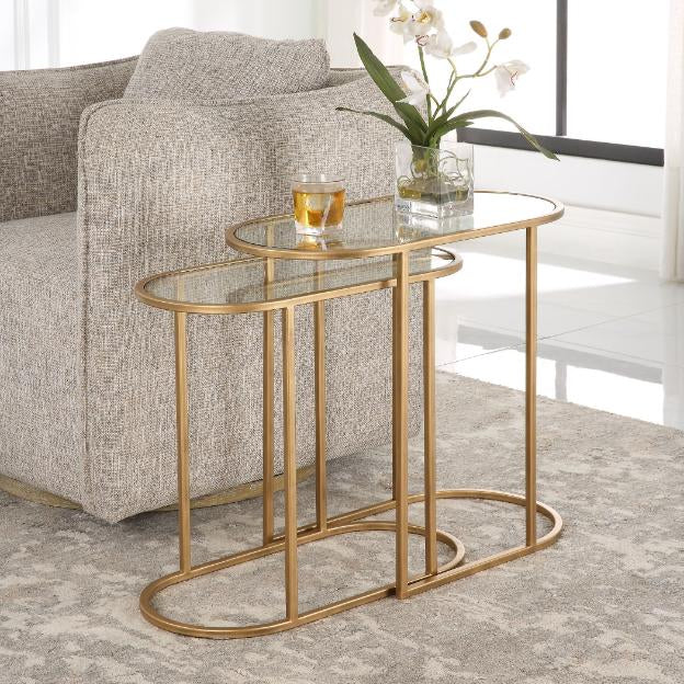 Volterra Slide Nesting Side Tables Brass & Glass